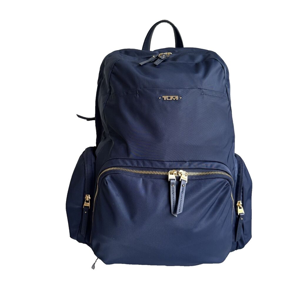 Tumi Navy Blue Backpack Gold Hardware Zip Top Handle Laptop Sleeve